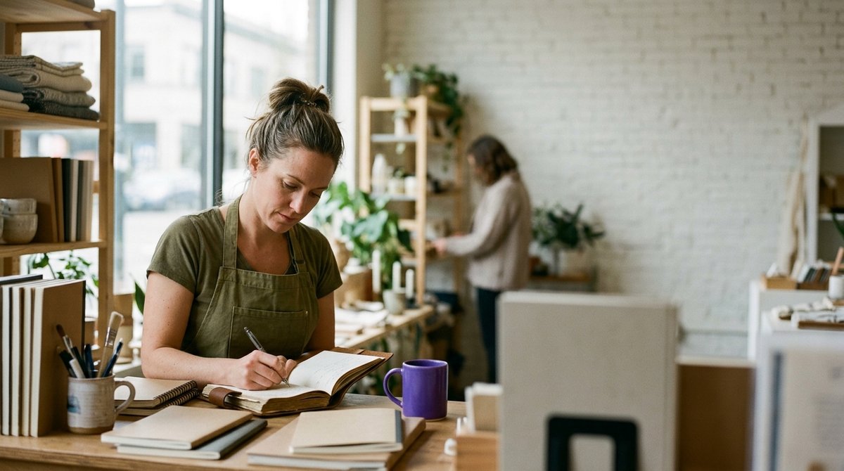 A business owner communicating with a customer in a small retail shop