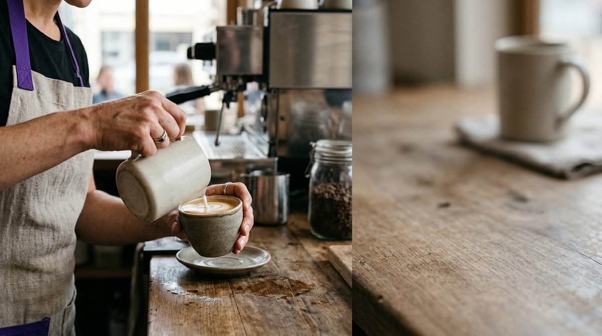 A table in a cafe with empty coffee cups.